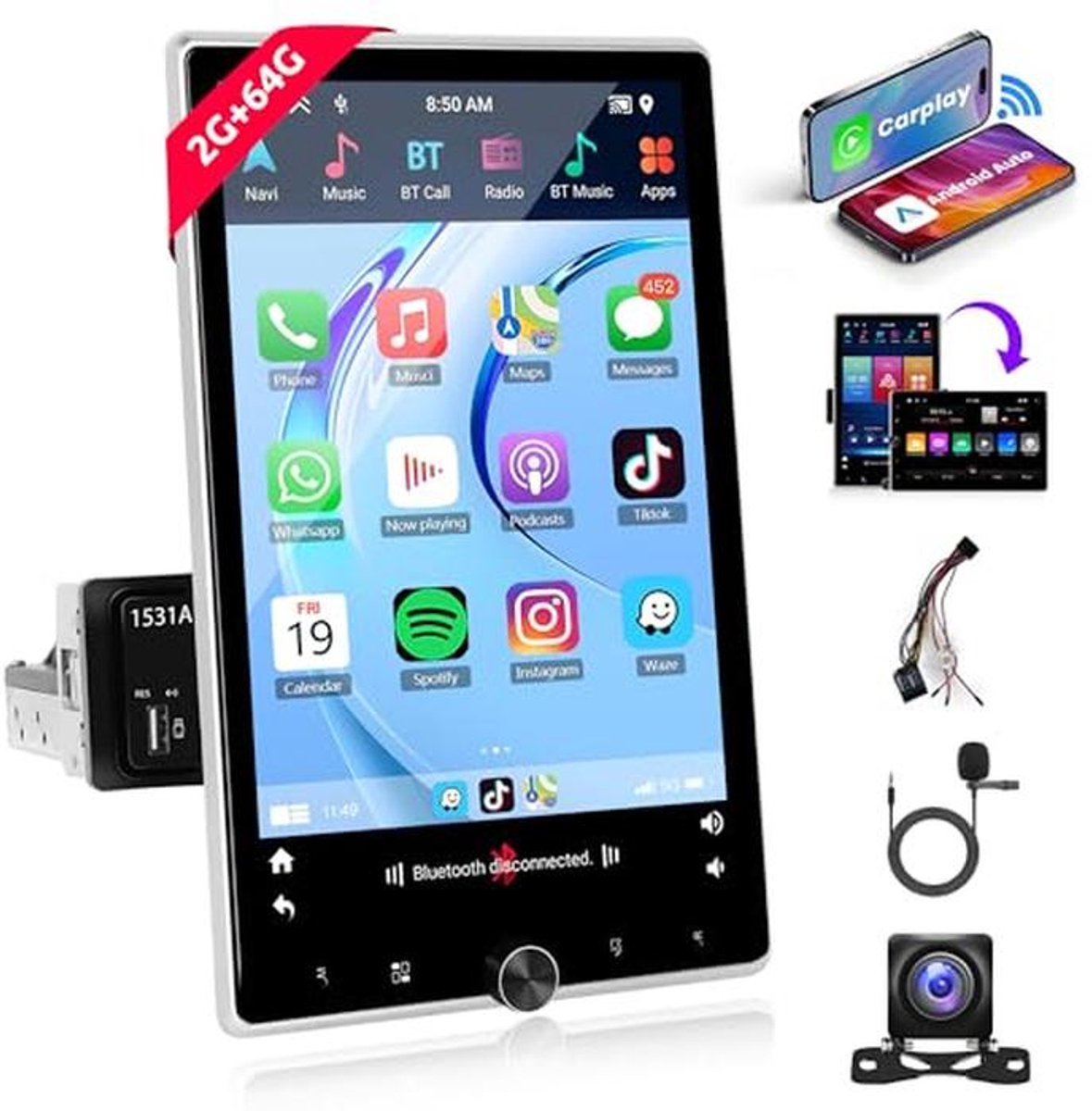 Draadloze Autoradio 10,4 inch met Android Auto en GPS Navigatie - 2G RAM, 64G Opslag
