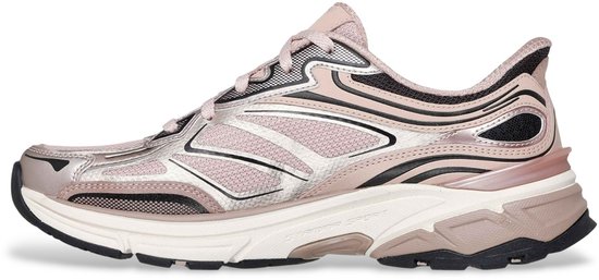 Roze Skechers sneaker met zilveren en zwarte accenten, veters en opvallende zool.