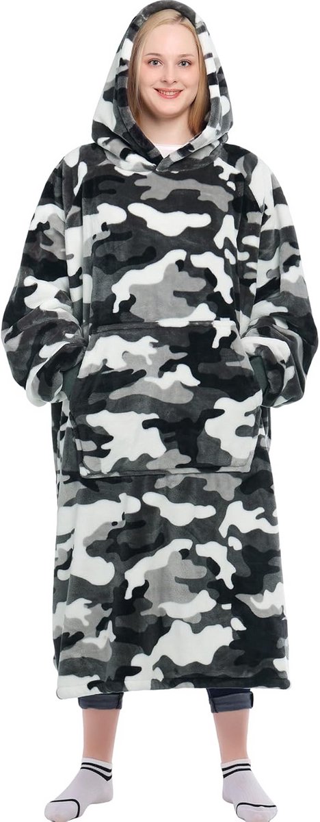 Draagbare deken hoodie voor dames en heren - Super warme oversized flanellen deken met mouwen en zak - Camo
