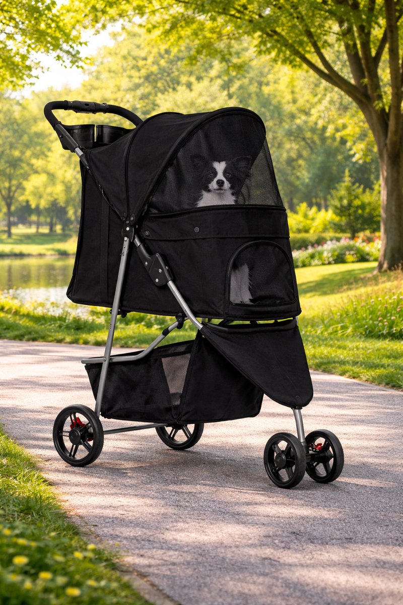 OODBLUE Huisdierenbuggy voor Hond & Kat – Opvouwbare Pet Stroller tot 15 kg – Inclusief Regenhoes – All-Terrain Wielen – Ademend Mesh – Opbergmand – Zwart