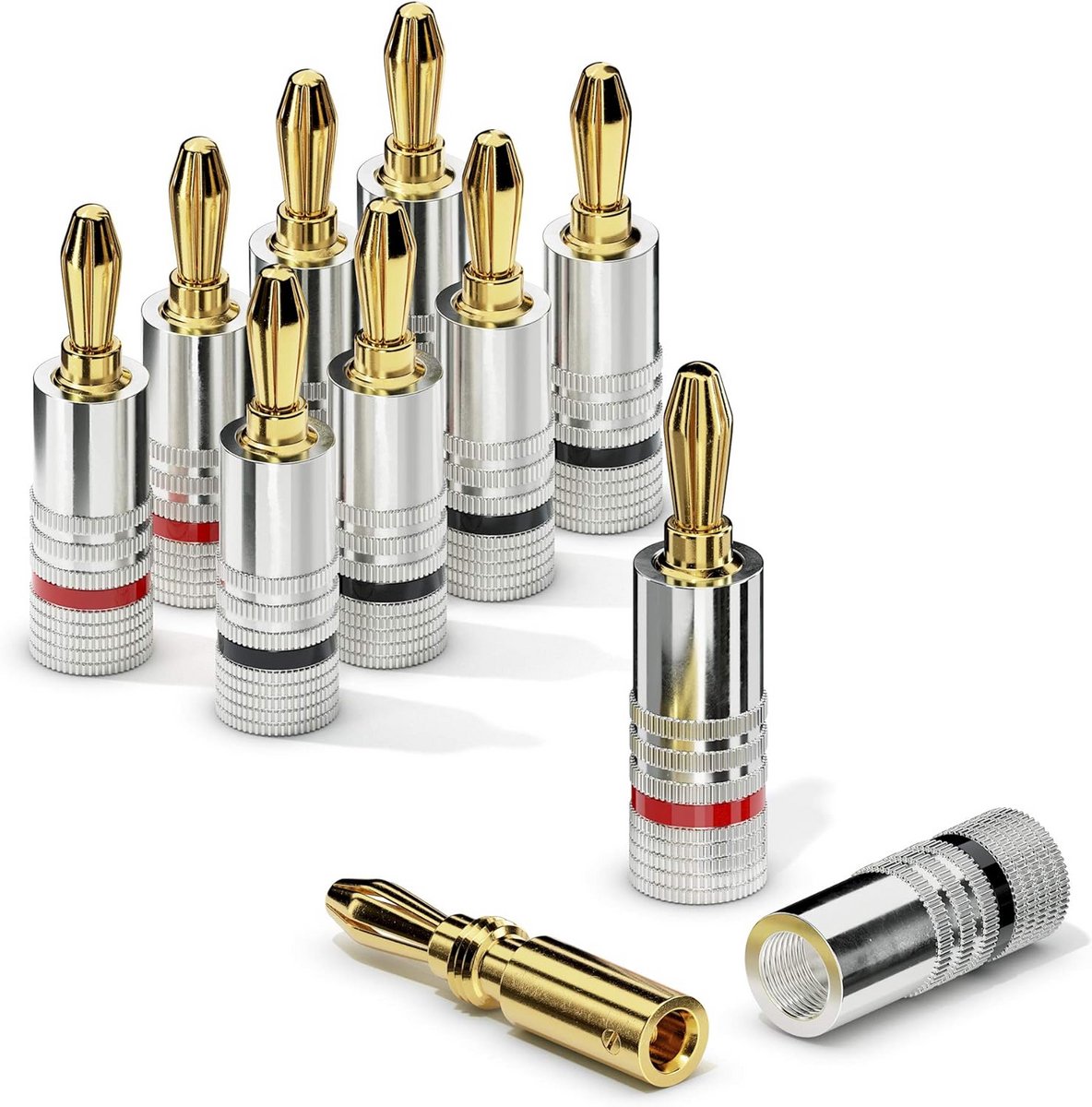 Bananenstekker Set van 8 voor Luidsprekerkabels tot 6 mm² - Kleurcodering Rood/Zwart - 24K Verguld