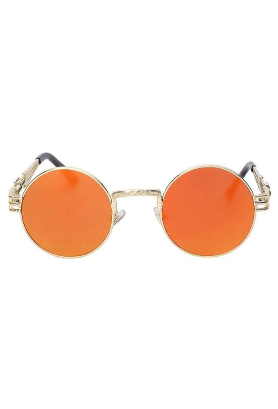 KIMU Ronde Zonnebril Steampunk Heren - Goud Montuur Rond - Oranje Spiegelglazen - Vintage Retro Hippie Hipster Brilletje Koningsdag van Merkloos — afbeelding 3