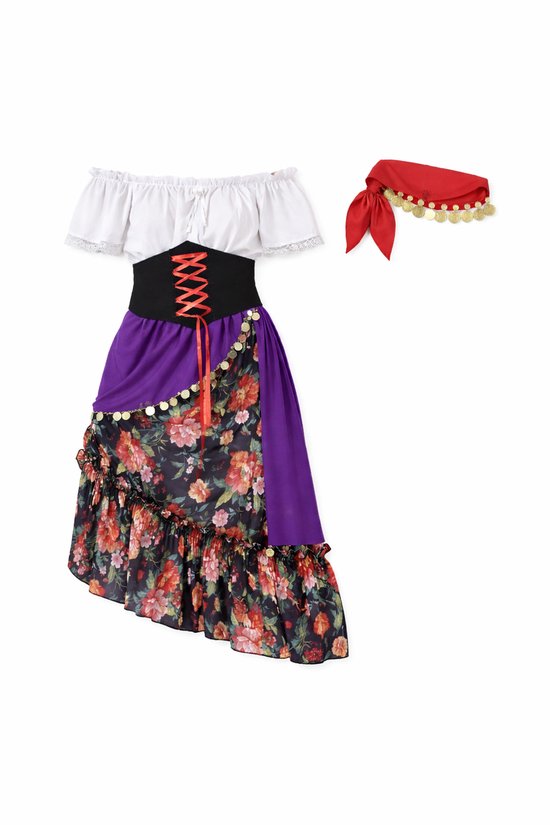 Robe de Déguisement Gitane Joya Party® pour Femmes | Costume Boho Complet avec Jupe, Foulard, Ceinture & Foulard de Tête | Costume de Déguisement Gypsy pour Femmes | Carnaval et soirée à thème | Taille L/XL