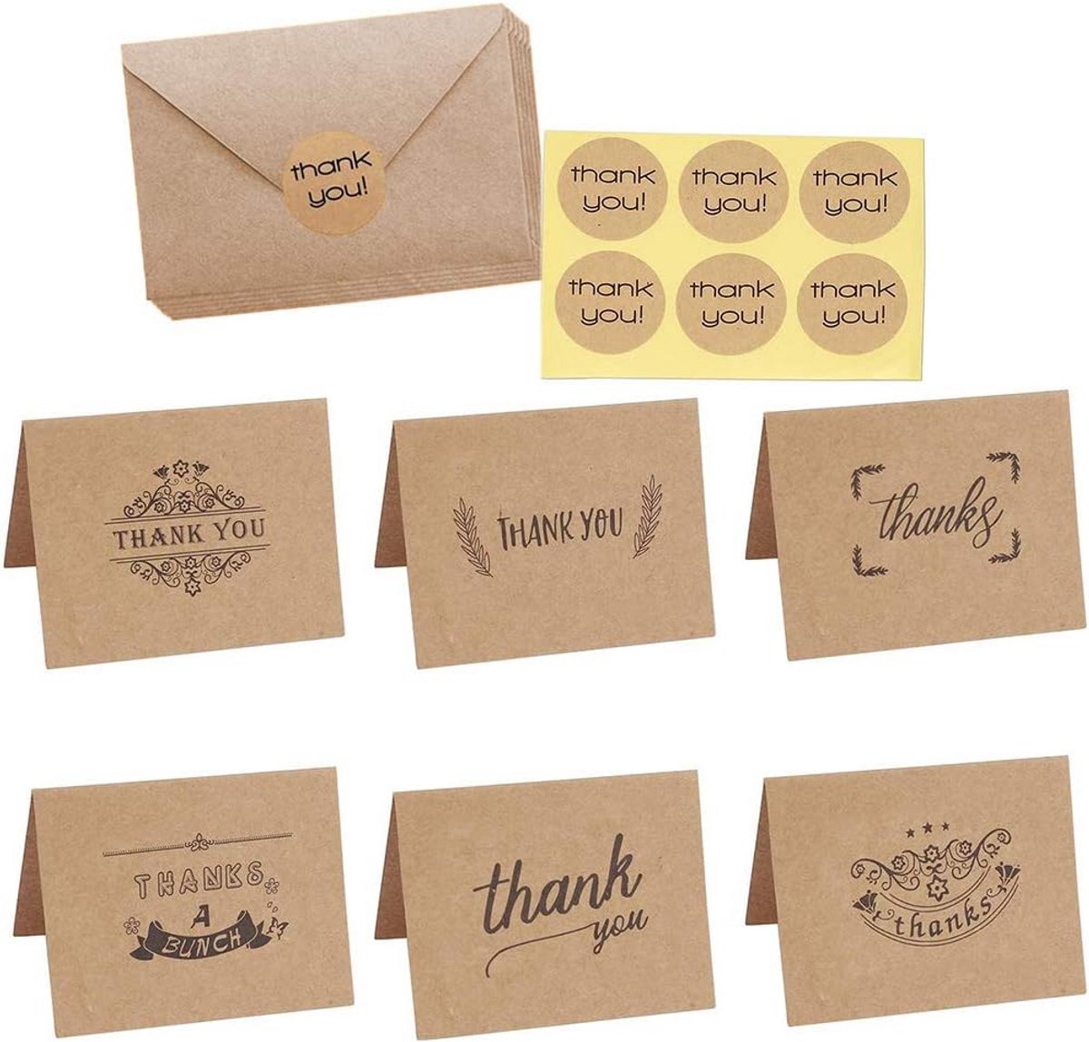 Bruine Kraftpapier Bedankkaarten met Enveloppen en Stickers - 108 Stuks voor Bruiloft en Verjaardag