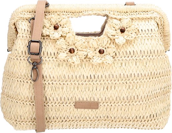Beagles Amalfi Crossbodytas - Riet Look - Bloemendetail - Verstelbare Schouderband - Zomertas - Damestas - Schoudertas - Natuur