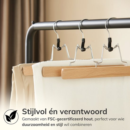 Lot de 12 cintres pour pantalons ou jupes en bois massif - Avec protection antidérapante en feutre à l'intérieur - couleur bois naturel