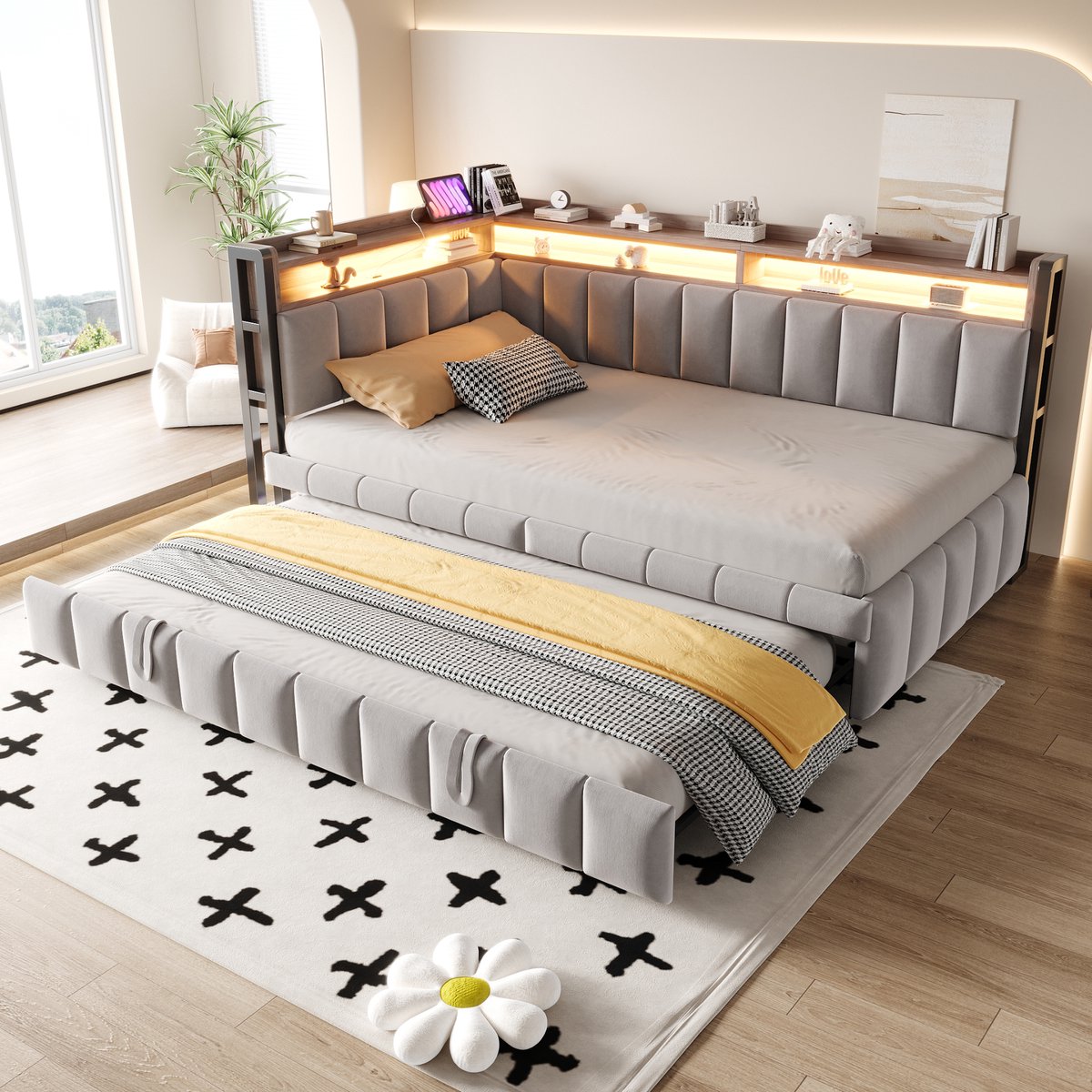 STILVORA Slaapbank 90x200 cm – Uittrekbaar Bed Met LED & USB/Type-C – Opbergvakken Hoofd- En Voeteinde – Fluweel – Lichtgrijs, Zonder matras