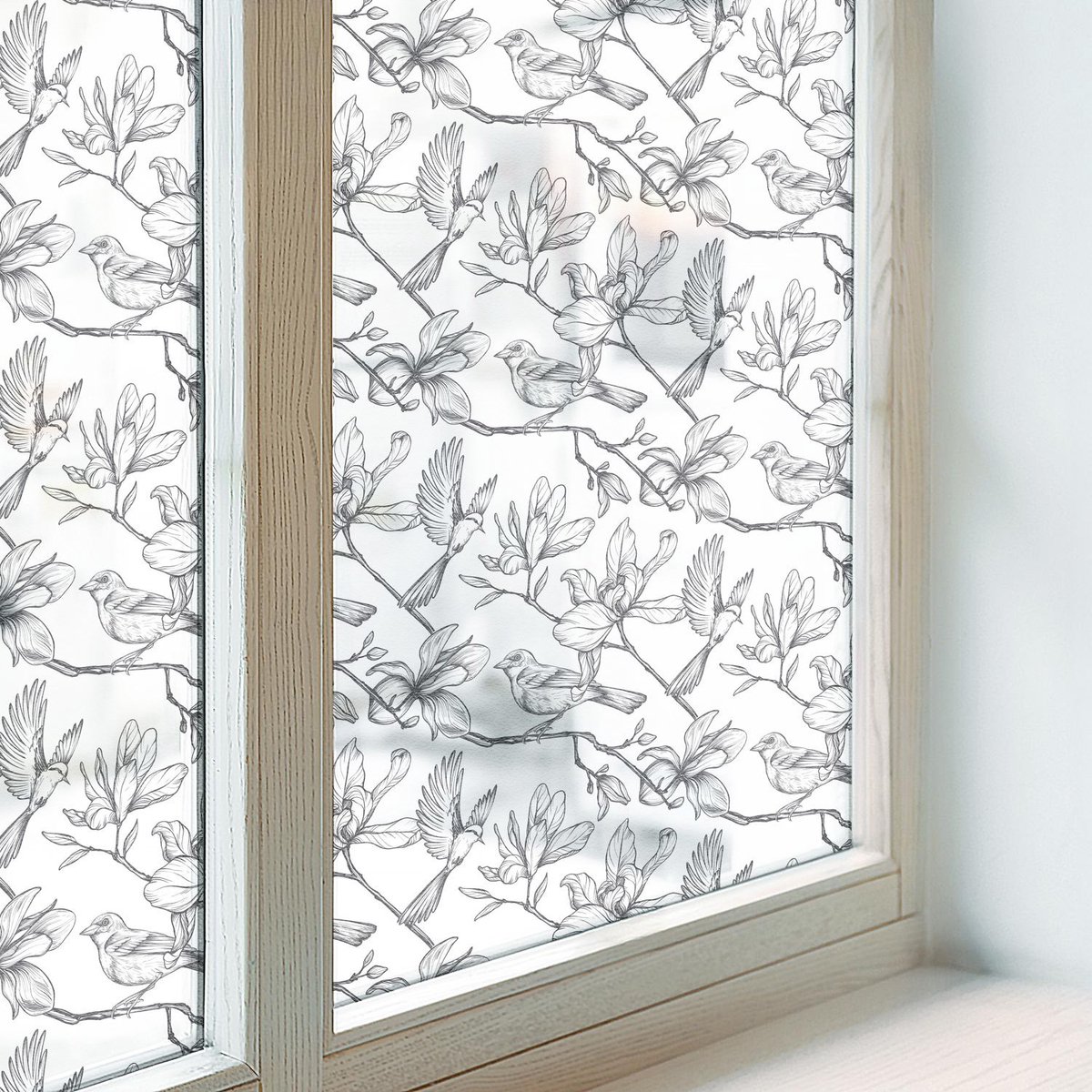 Coloray Privacy Folie Raam - Vogels en bloemen Anti inkijk Folie - 50x100 cm - Zwart-wit Privacy Folie Raam - Raamfolie Tegen inkijk Glas in Lood - Voor de hal, voor de woonkamer, voor het kantoor - Raamfolie Zonwering