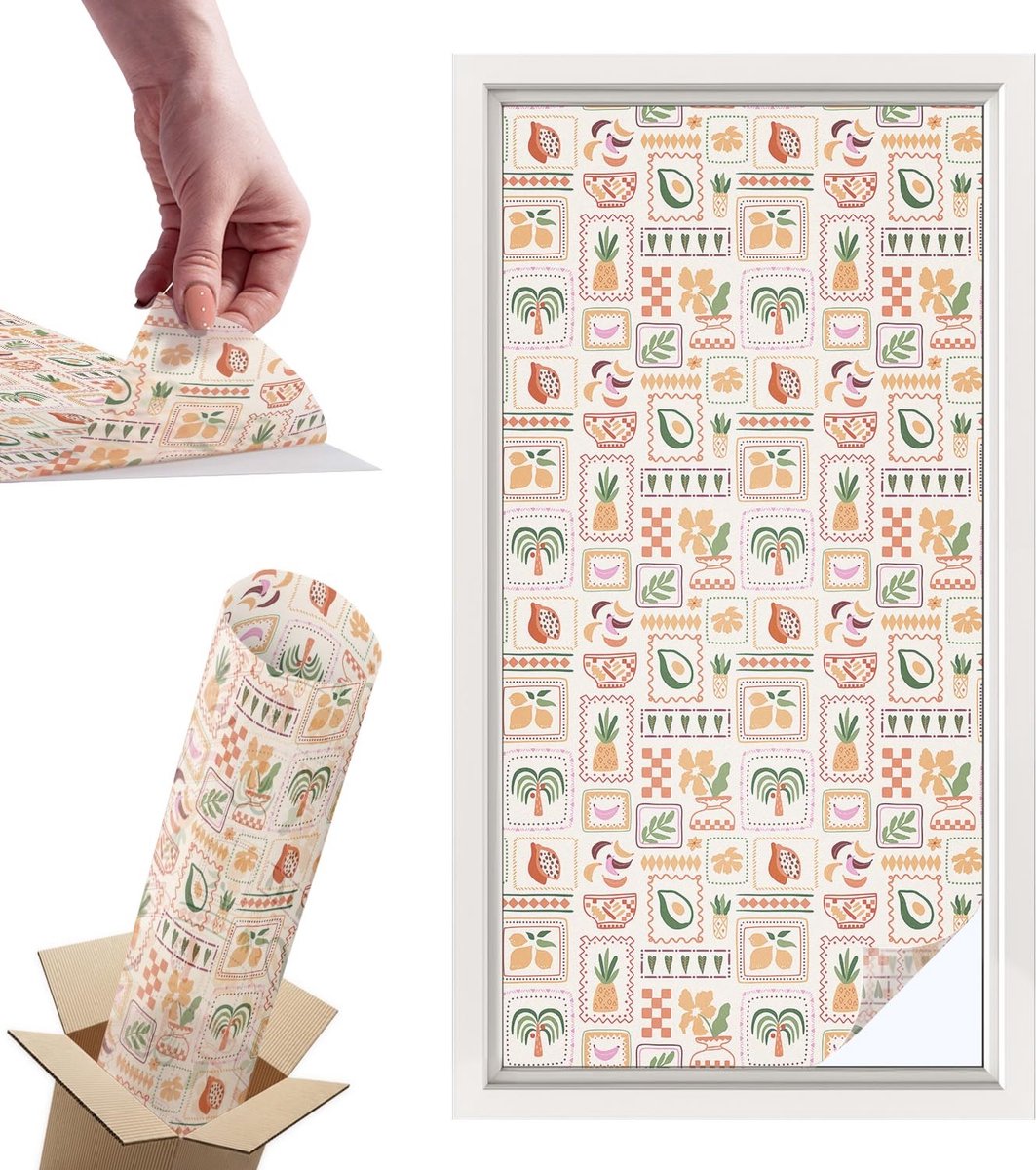 Tulup Raamfolie Anti inkijk - Folkloristische patronen Privacy Folie Raam - 50x100 cm - Beige Anti inkijk Folie - Raamfolie Tegen inkijk Glas in Lood - Voor de keuken, hal en woonkamer - Raamfolie Zonwering