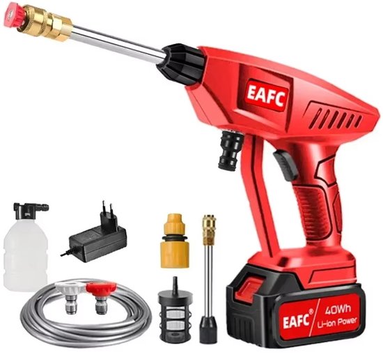 Draadloze hogedrukreiniger accu 100 bar 10 l/min 3 sproeipatronen 5m slang draagbaar voor auto tuin