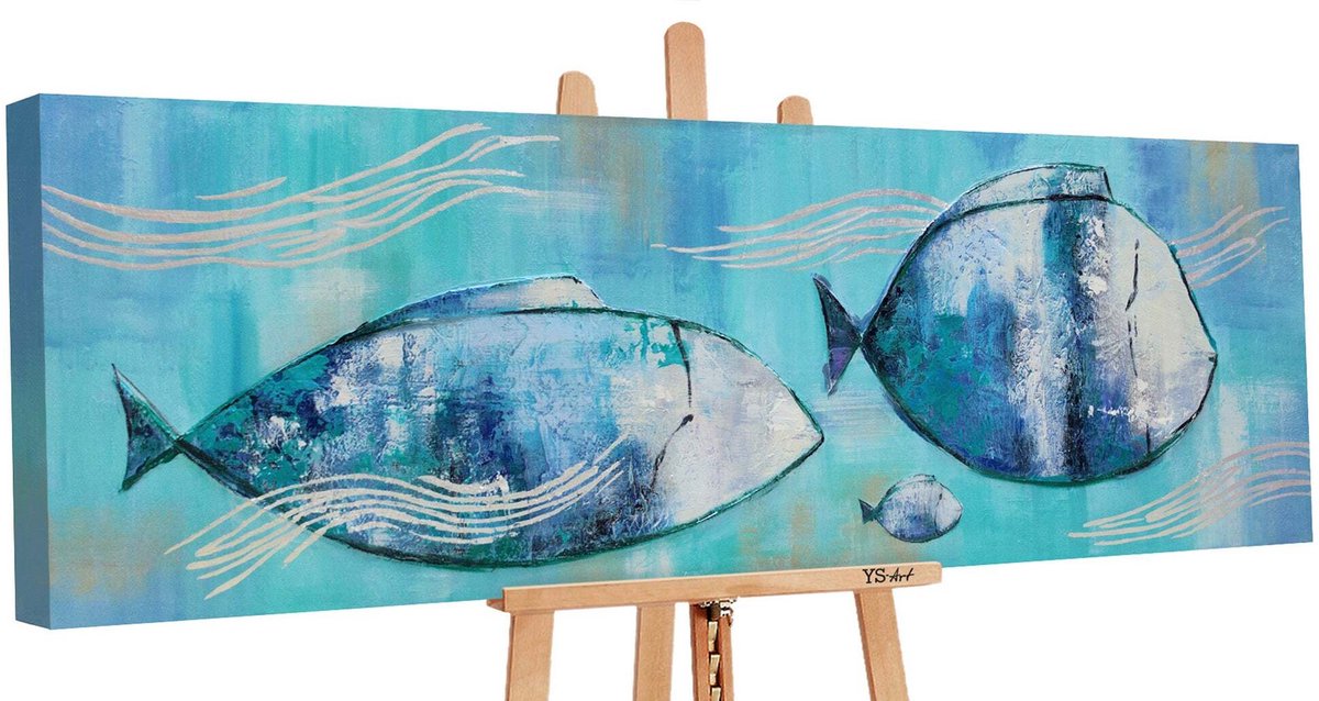 YS Schilderij Canvas schilderij panoramisch handgeschilderd zeefamilie vissen onderwaterwereld Ð YS-Art Gallery Ð Luxe wanddecoratie voor woonkamer Ð Uniek schilderij voor kinderkamer en hal Without Floater Frame 150x50