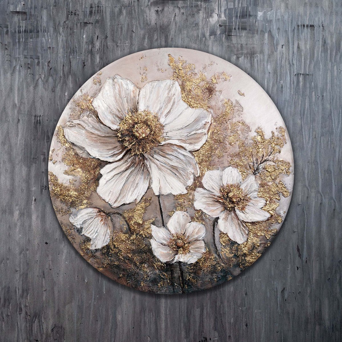YS Rond canvas schilderij ⌀100 cm handgeschilderd gloed van knoppen botanisch – YS-Art Gallery – Frisse wanddecoratie voor woonkamer en slaapkamer Round