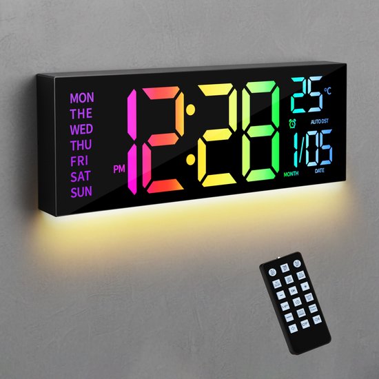 MrGoods Digitale Klok - Wandklok - LED Scherm - 7 Kleuren - 16 Inch Grote Digitale Klok met Temperatuur - Datum Automatische Zomertijd Nachtlampje - Automatische Helderheid Dimmer - Wandklok voor Woonkamer Garage