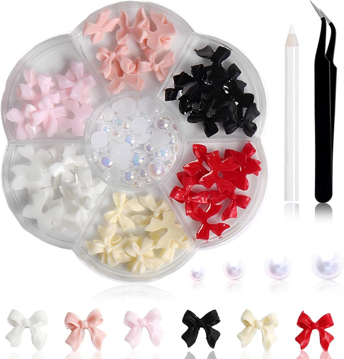 Nail Art 3D Nagel Set Met een pincet - Nail charms - Kleurrijke strikknoop - Nagel charms - Nagel decoratie - Nagel steentjes - Nail Decoratie - Nail art - Nagel Diamantjes - Parels Wit - Nagelkunst charmes - Voor nagelkunst decoratie, DIY