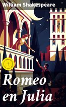 Boekomslag van 'Romeo en Julia' met een illustratie van een man en vrouw op een balkon bij maanlicht. "Enriched Edition"