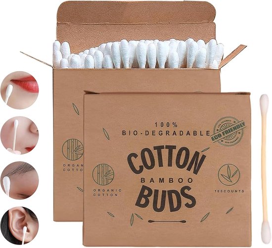 200 Biodegradable Bamboo Cotton Swabs - Compostable Eco-vriendelijk 2 x 100 Packs - Natuurlijke Houten Handvatten