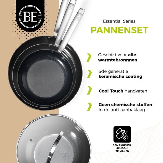 Set van pannen met glanzende zilveren handvatten en zwarte anti-aanbaklaag. Inclusief een pan met deksel.