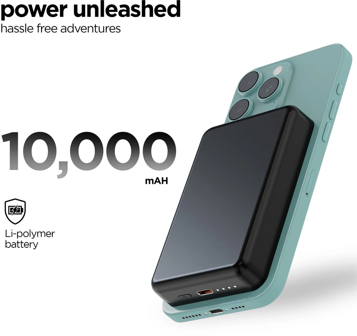 LuminexPro® 4-in-1 Powerbank 10000 mAh – Snellader 20W – MagSafe & Qi Draadloos – USB-C – LED Indicator – Ingebouwde Telefoonstand – Zwart – Voor iPhone 12/13/14/15/16