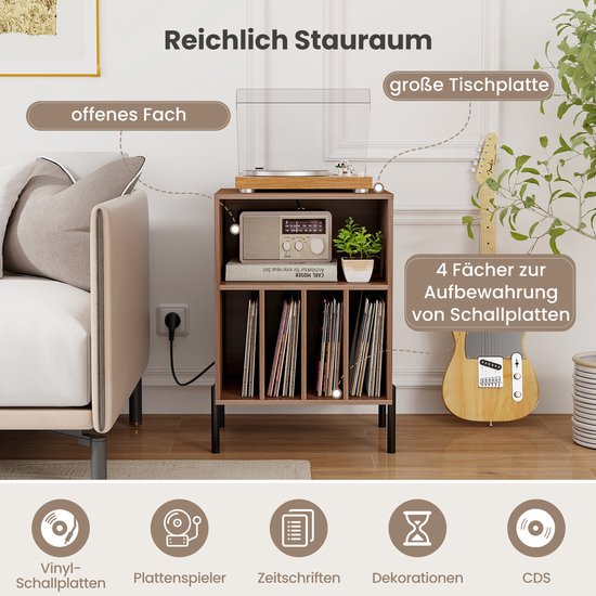 COSTWAY Draaitafel standaard met laadstation, vinylplaten, draaitafel met plank en 4 scheidingswanden en metalen poten, platenstandaard bijzettafel, woonkamer kantoor, 53 x 45 x 78,5 cm (bruin) — afbeelding 4