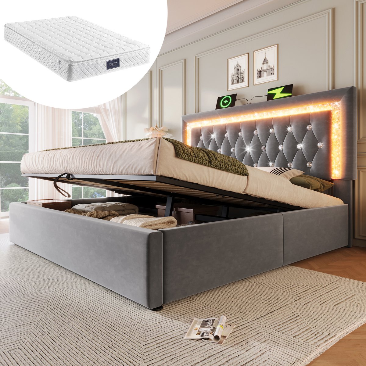 HAUSS SPOLE Gestoffeerd Bed 140x200cm - Ingebouwde LED-Lichtstrook - USB- & Type-C Laadstation - Hydraulische Opbergruimte - Fluweel - Grijs - Met matras