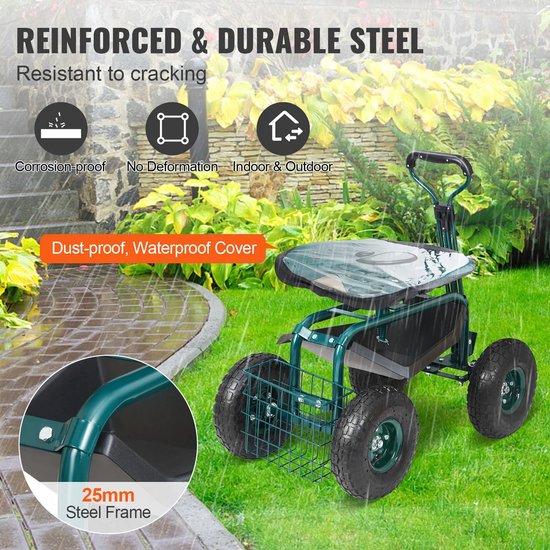 LabelOne Tuinkar - Tuinkruk - Tuinwagen - Tuinkruk op wielen - 360° draaibare zitting - in hoogte verstelbaar - tot 136kg - groen van LabelOne — afbeelding 5