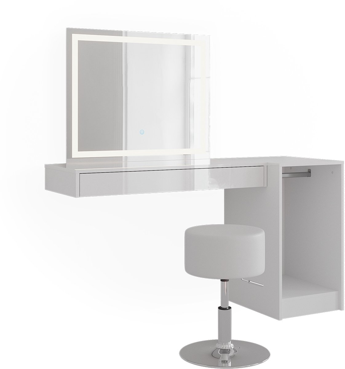 Vicco Kaptafel set met kruk Sherry, Wit, 140.2 cm met LED-spiegel, kruk en module met kledingstang