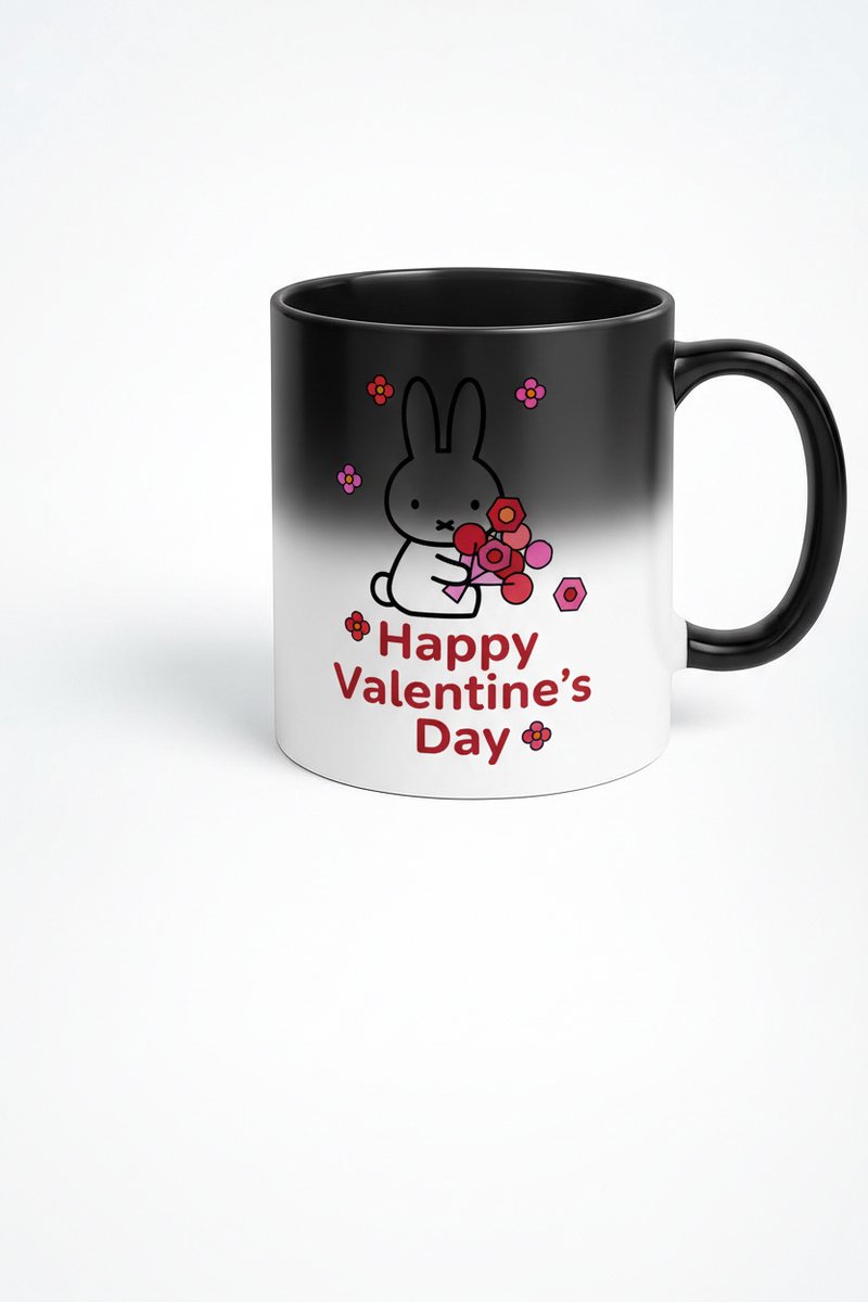 Magische Valentijnsdag Mok: Konijn met Bloemen - Warmtegevoelige Koffiemok Cadeau