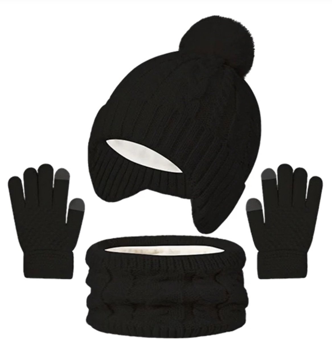 Sjtoer® - 3 Delig Winter Set - Zwart - Gevoerd - Kinder Winter Muts - Col - Handschoenen - Warme gebreide wintermuts - kinder winterset - Touchscreen handschoen - Sjaal - Winteraccessoires voor meisjes jongens - 3-8 jaar oud - skiën