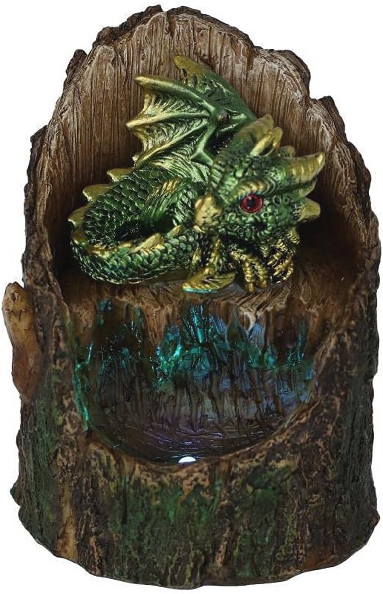 Groene Draak in Boomstam Beeldje met LED Verlichting - 10.8cm
