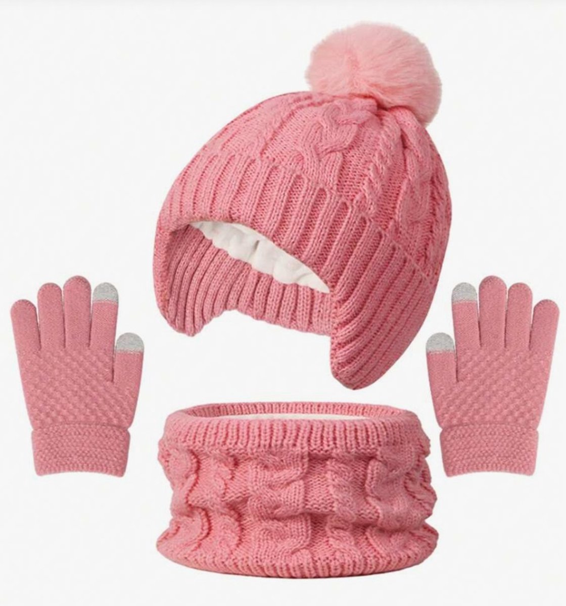 Sjtoer® - 3 Delig Winter Set - Roze - Gevoerd - Kinder Winter Muts - Col - Handschoenen - Warme gebreide wintermuts - kinder winterset - Touchscreen handschoen - Sjaal - Winteraccessoires voor meisjes jongens - 3-8 jaar oud - skiën