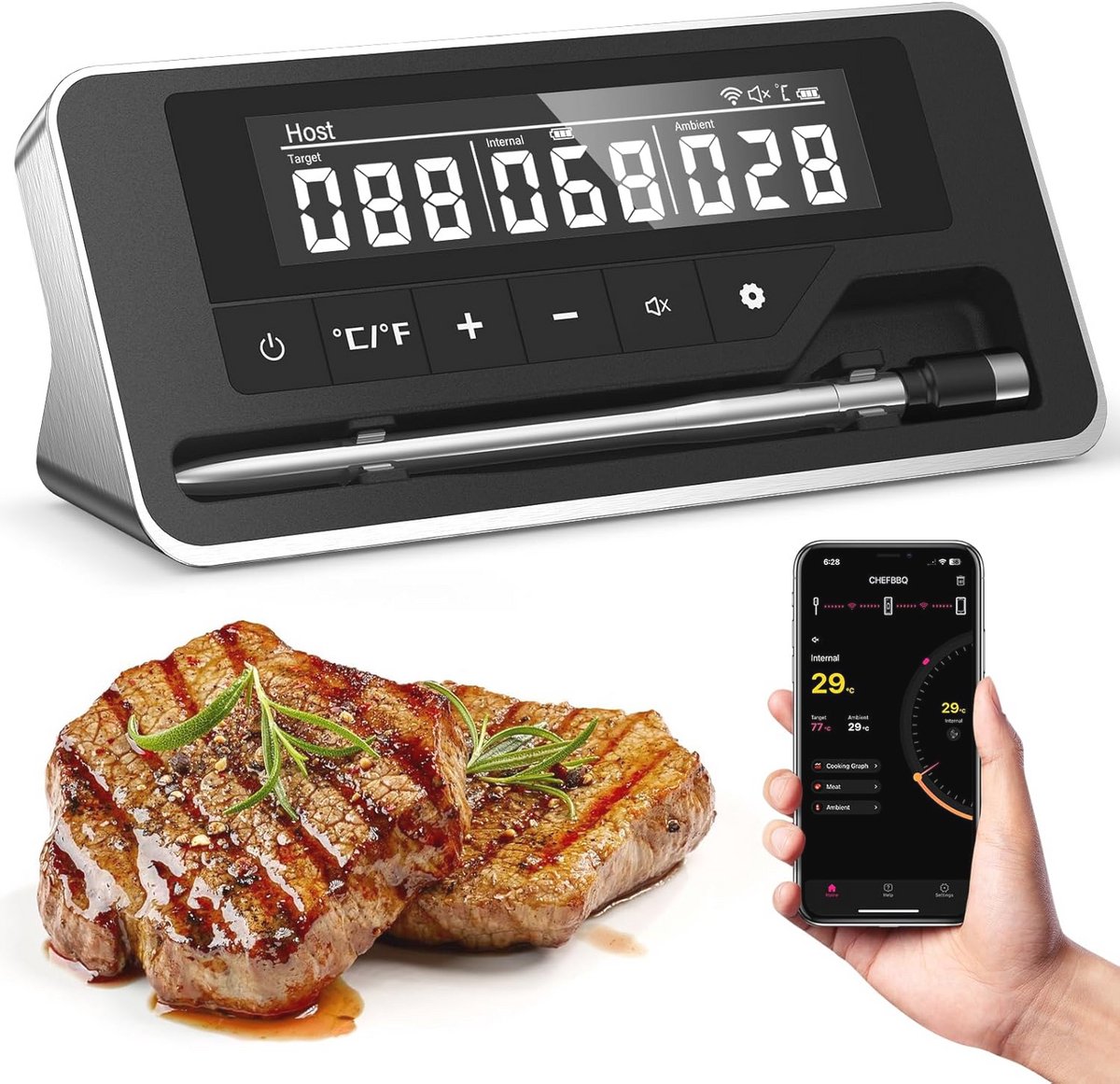 Draadloze Vleesthermometer met Bluetooth en App - Waterdicht en Draadloos voor Grill, Oven en Airfryer