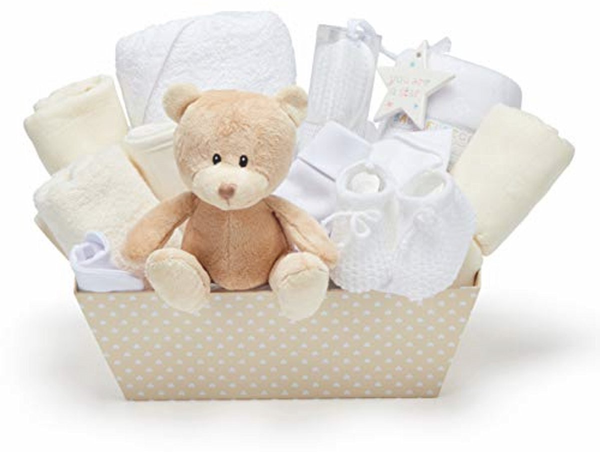 Cadeaumand voor Babyfeestjes - Fleece, Handdoek met Capuchon, Babykleding, Gaasdoeken en Teddybeer