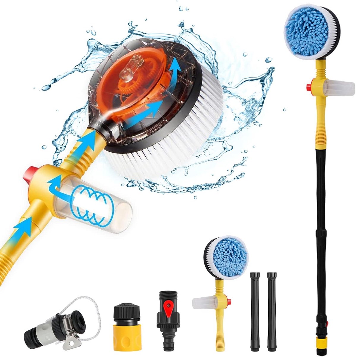 Autowasborstel met slangaansluiting, 360 zwenkbare autowasborstel met zeepdispenser, soft hair autowasborstel mop wisser, flow autowasborstel met lange steel (geel)