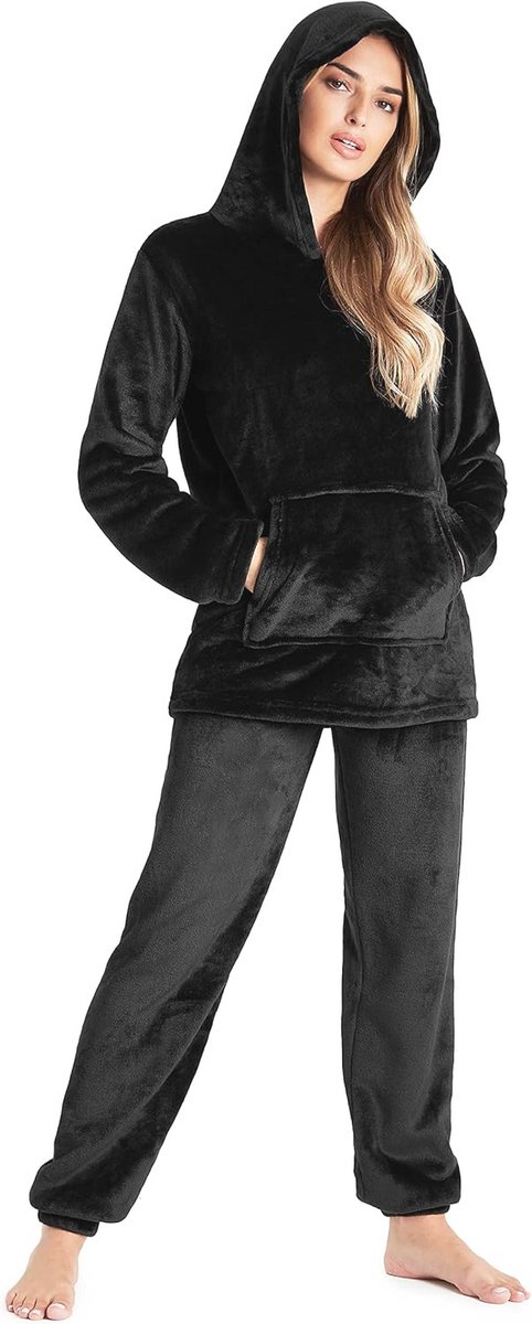 Fleece Pyjama met Capuchon voor Dames en Tieners - Cozy Loungewear Set in Zwart