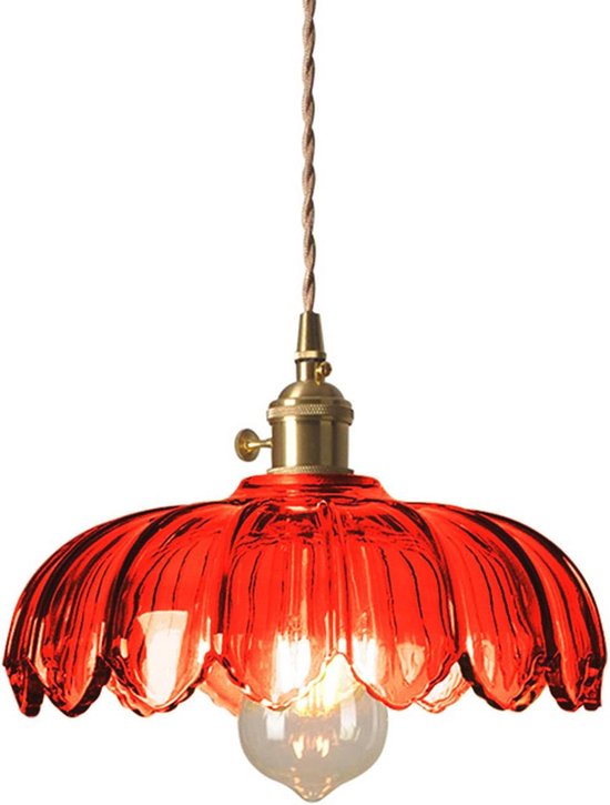 Vintage glazen hanglamp lotusvorm 25 cm messing E27-fitting schakelaar