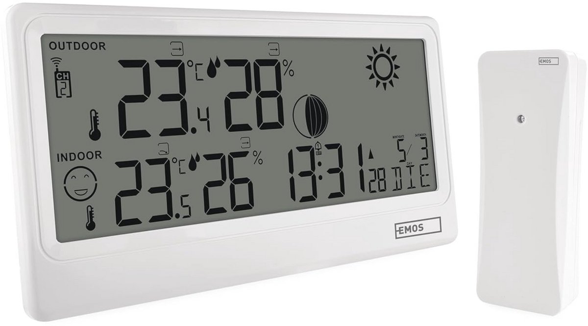 Draadloos Weerstation met Buitensensor - Temperatuur, Luchtvochtigheid en Weersvoorspelling - Radioklok met Wekker en Comfortweergave - Wandhouder en Batterijvoeding - Wit