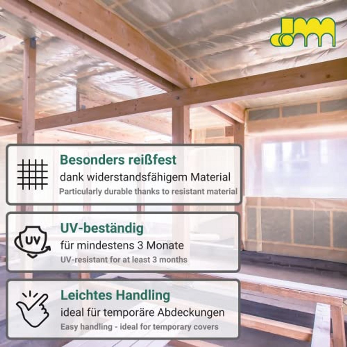 Doorscheidend en scheurbestendig beschermzeil van polyethyleen, 4 x 50 m, waterdicht voor binnen en buiten