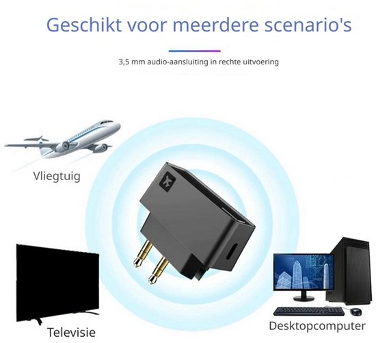 DrPhone PlanePair Bluetooth 5.0 Vliegtuig Adapter - Airline Flight Audio Transmitter - 3.5mm Dual Plug - Voor Draadloze Koptelefoons - Zwart van DrPhone — afbeelding 2