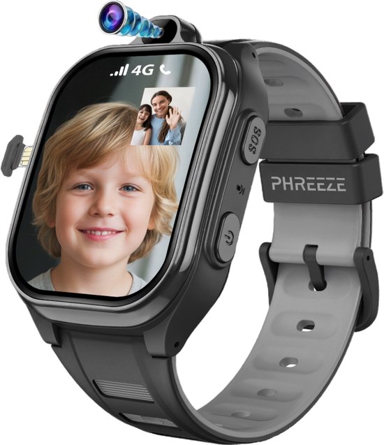 Phreeze Smartwatch Kinderen - GPS Horloge Kind - Kinderhorloge voor Jongen en Meisje - Waterdicht - 4G - Met Simkaart - Belfunctie - Video - Bellen - Spelletjes - Stappenteller - Alarmen - SOS - Zwart