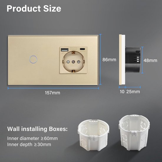 Afmetingen van de gouden wandcontactdoos met USB-A- en USB-C-poorten, met de achterkant en de wandmontagedoos.