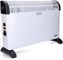 Witte convector met zwarte accenten en pootjes. Zijkant toont schakelaar en draaiknop. Tekst 'DO NOT COVER'.