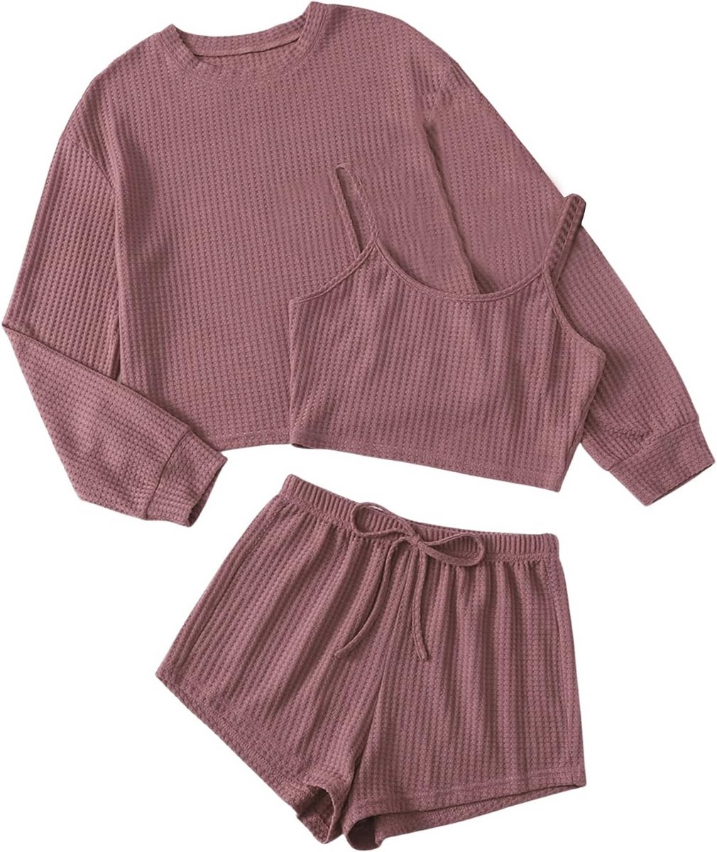 3-Piece Women's Loungewear Pajama Set - Long Sleeve Cami and Shorts