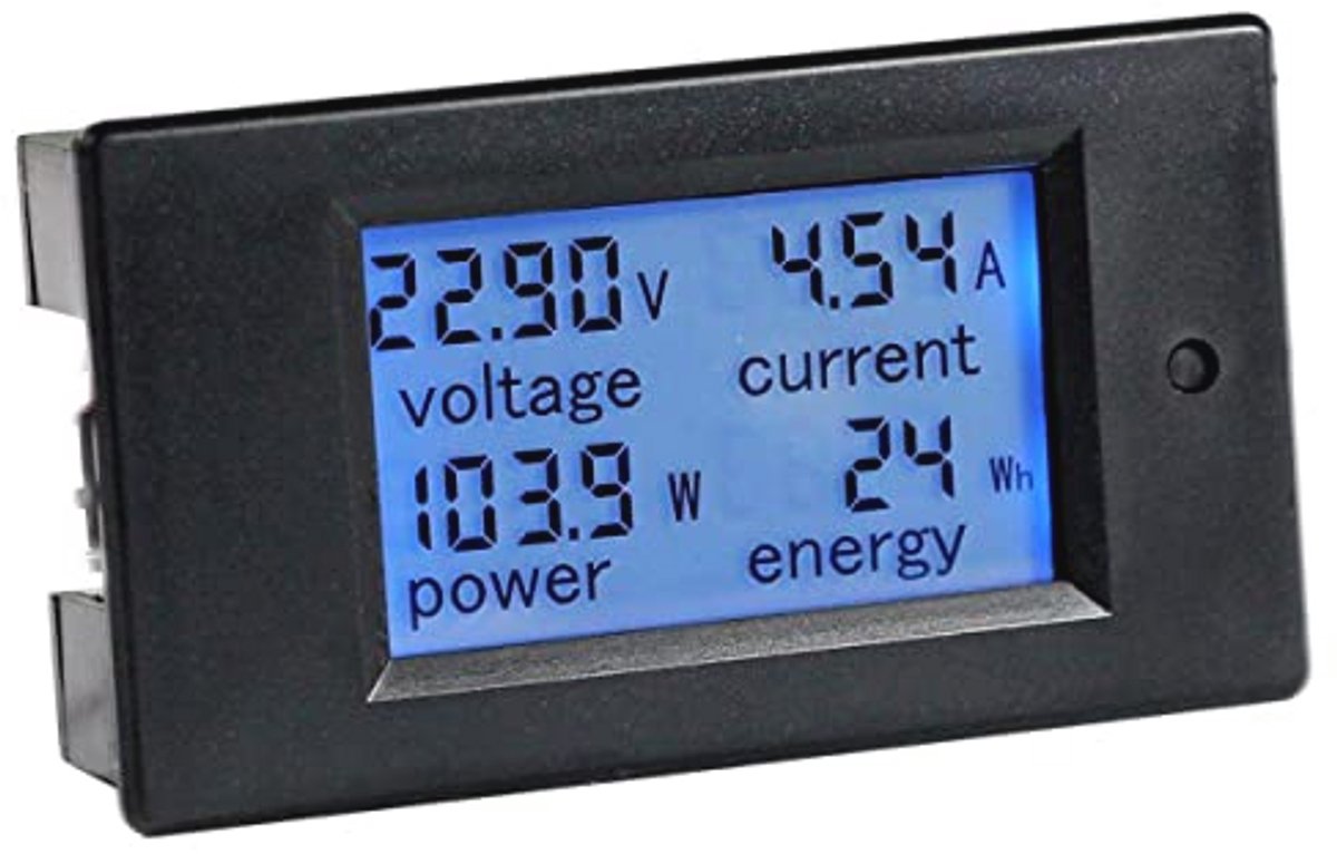 Digitale Stroom- en Spanningsmeter 6.5-100V 20A met LCD Display – 4-in-1 Multimeter voor Ampère, Volt, Watt en KWh