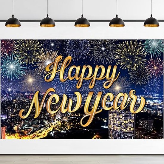 Vuurwerk Gold Blue 2025 Happy New Year Party Spandoek
