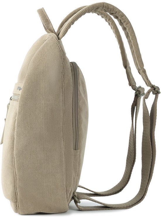 Zijaanzicht van een compacte, beige ribfluwelen rugzak met verstelbare schouderbanden.