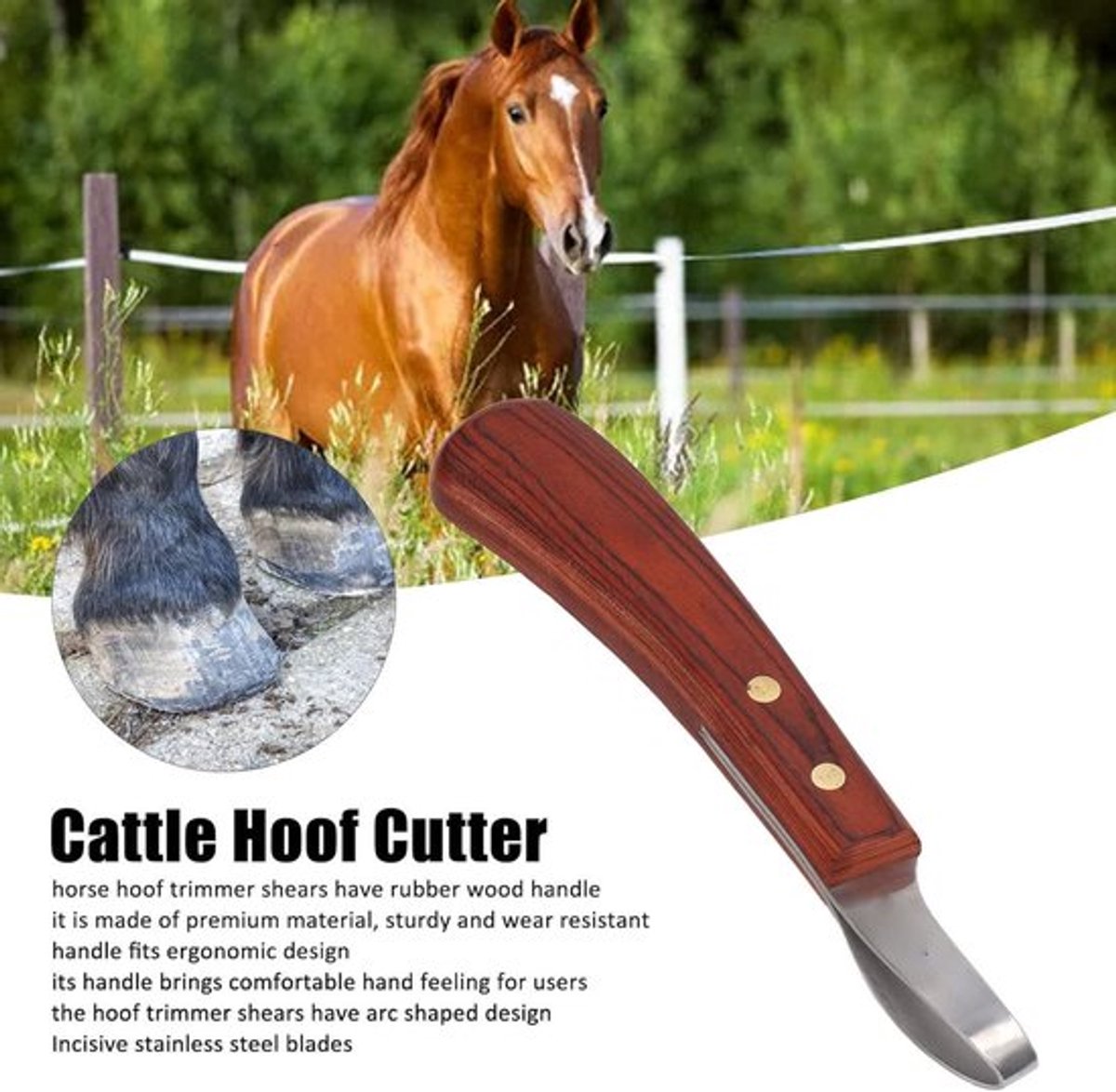 Multifunctioneel paardenhoefmes - RVS mes met rubberen en houten handvat