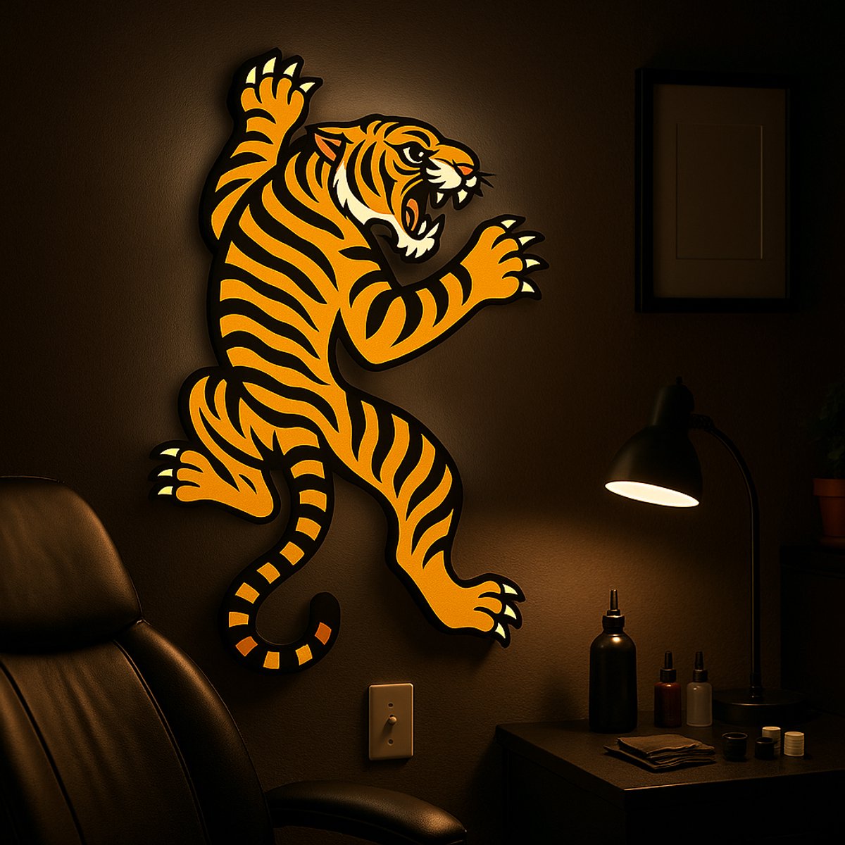 Tattoo Lightbox Tijger – 3D Geprinte LED Wandlamp – Sfeervolle Wall Art voor Studio of Thu