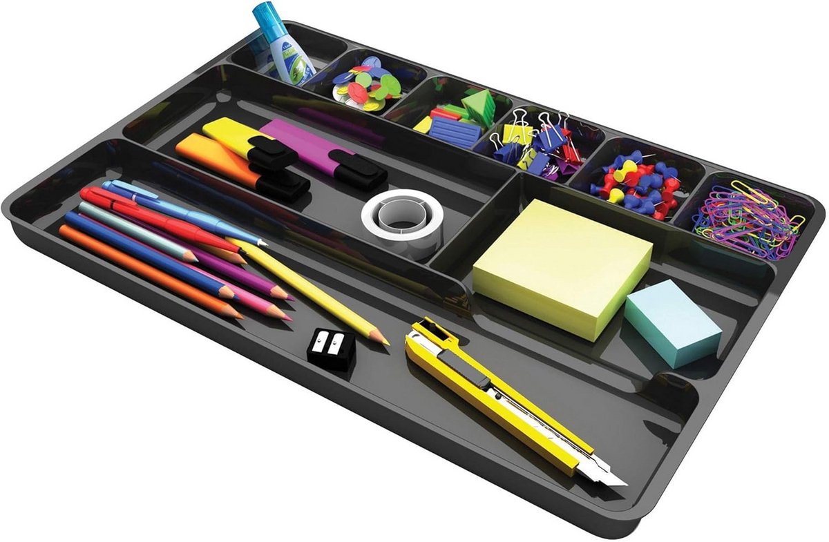 Duurzame desktop ladeorganizer, 1 inch hoog, 9 compartimenten, zwart
