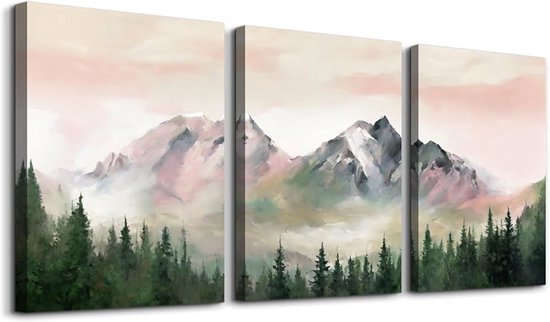 MHARTK66 Moderne Schilderijen Set van 3, Mistige Bos Landschap Afbeelding op Canvas Woonkamer Muurdecoratie, Blauw Aquarel Schilderij Kunstwerk voor Slaapkamer Badkamer Keuken