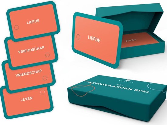 Kaarten van Het Kernwaarden Spel met woorden zoals "LIEFDE", "VRIENDSCHAP", "LEVEN" en de speldoos.